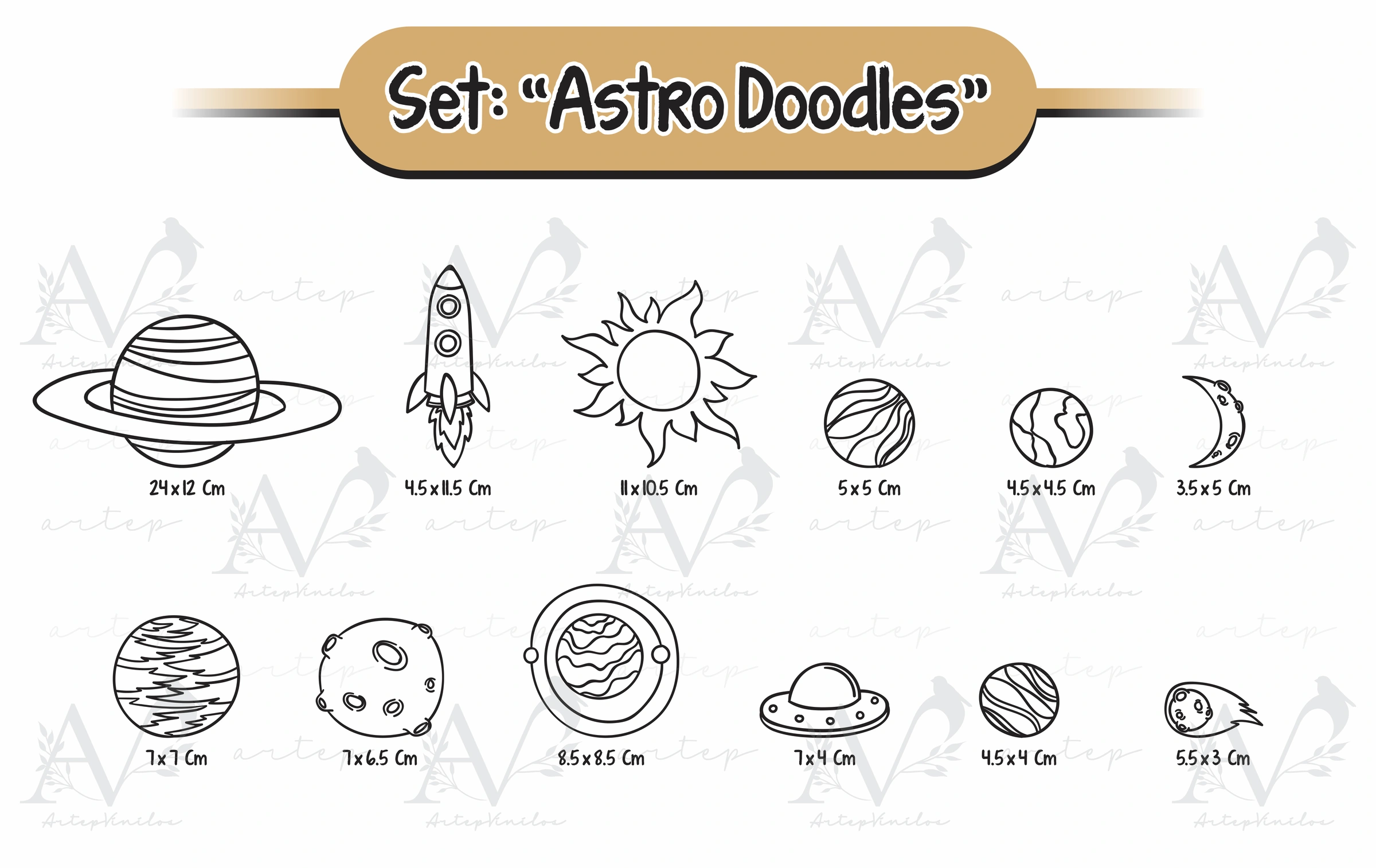 Tamaño de los elementos del set Astro Doodles