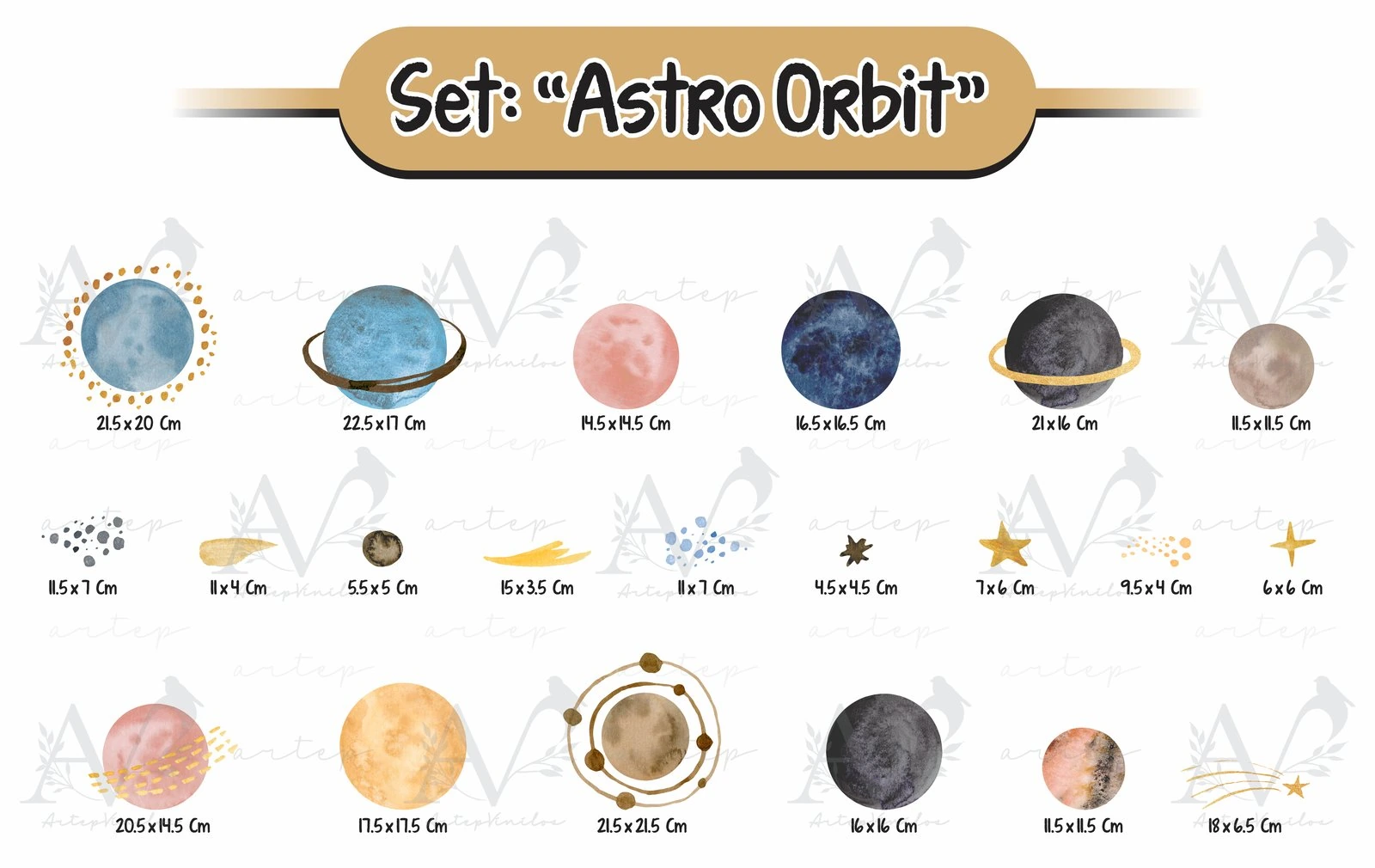 Tamaño de los elementos del set Astro Orbit