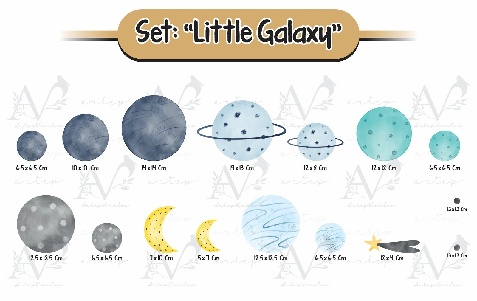 Tamaño de los elementos del set Little Galaxy