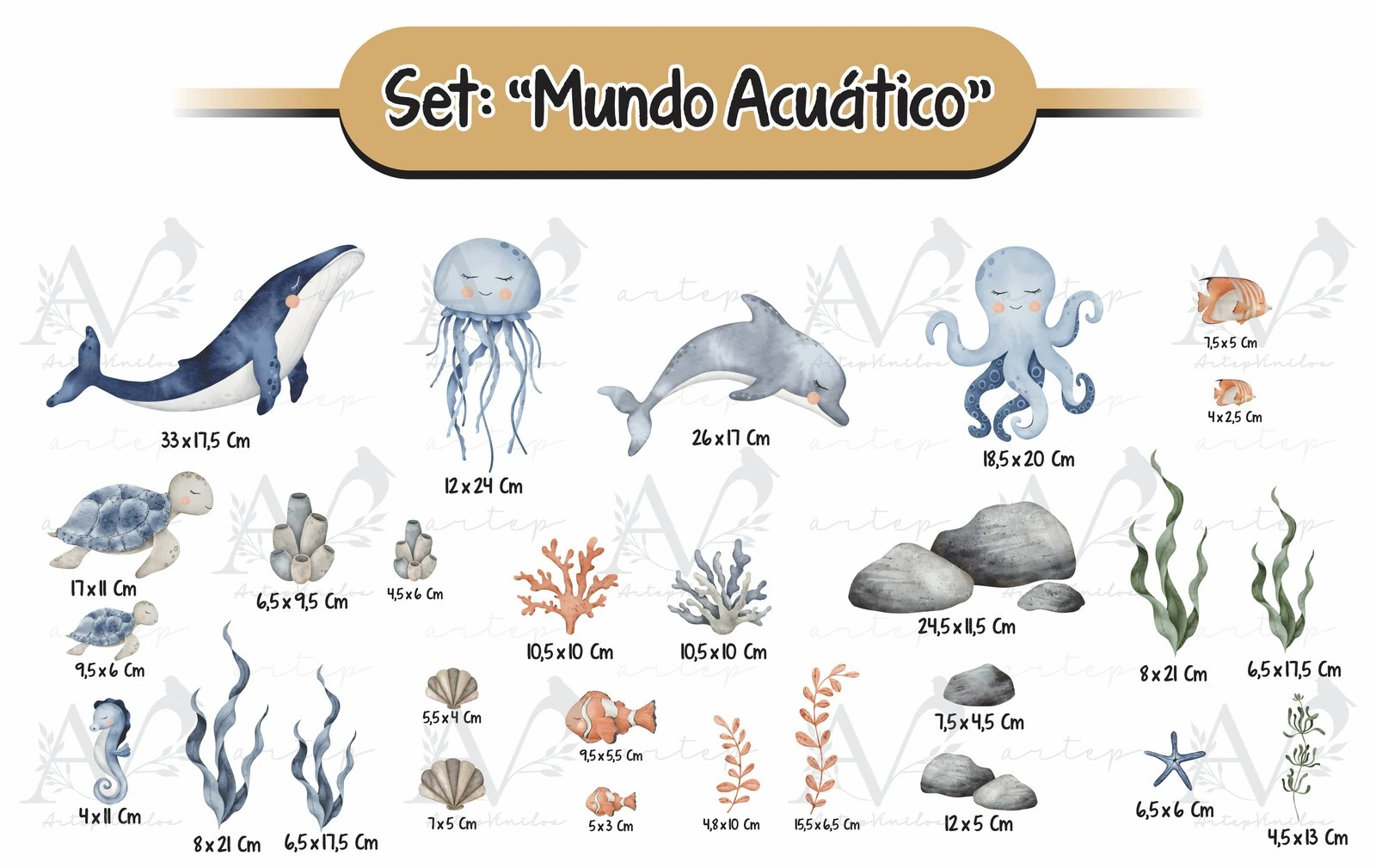 Tamaño de los elementos del set Mundo Acuático