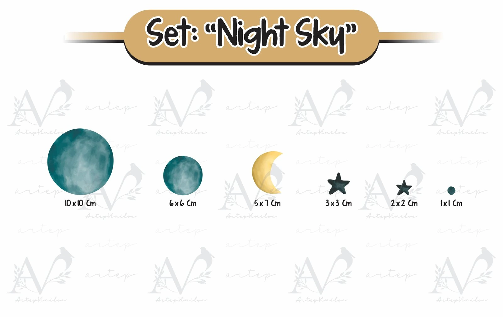 Tamaño de los elementos del set Night Sky