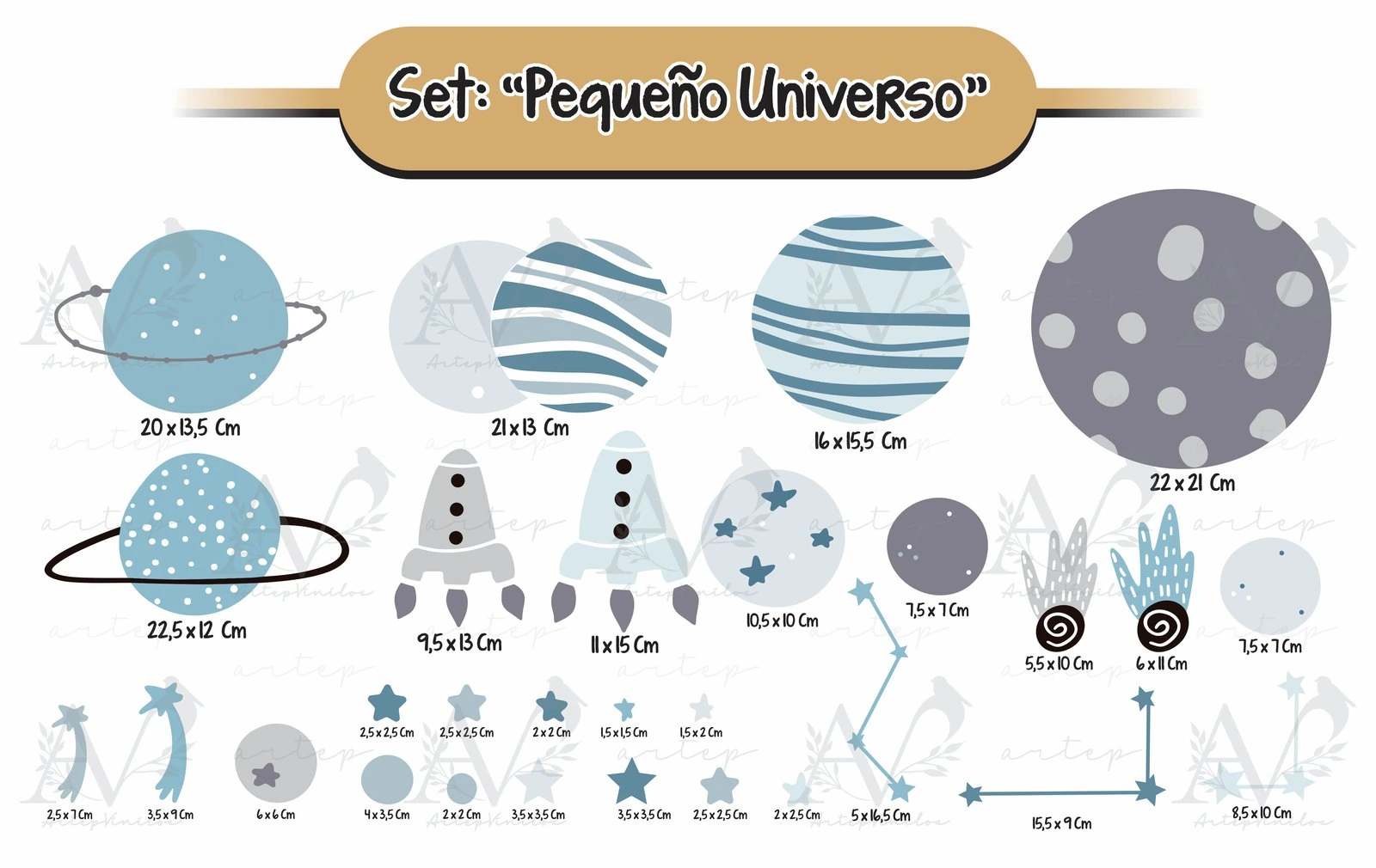 Tamaño de los elementos del set Pequeño Universo