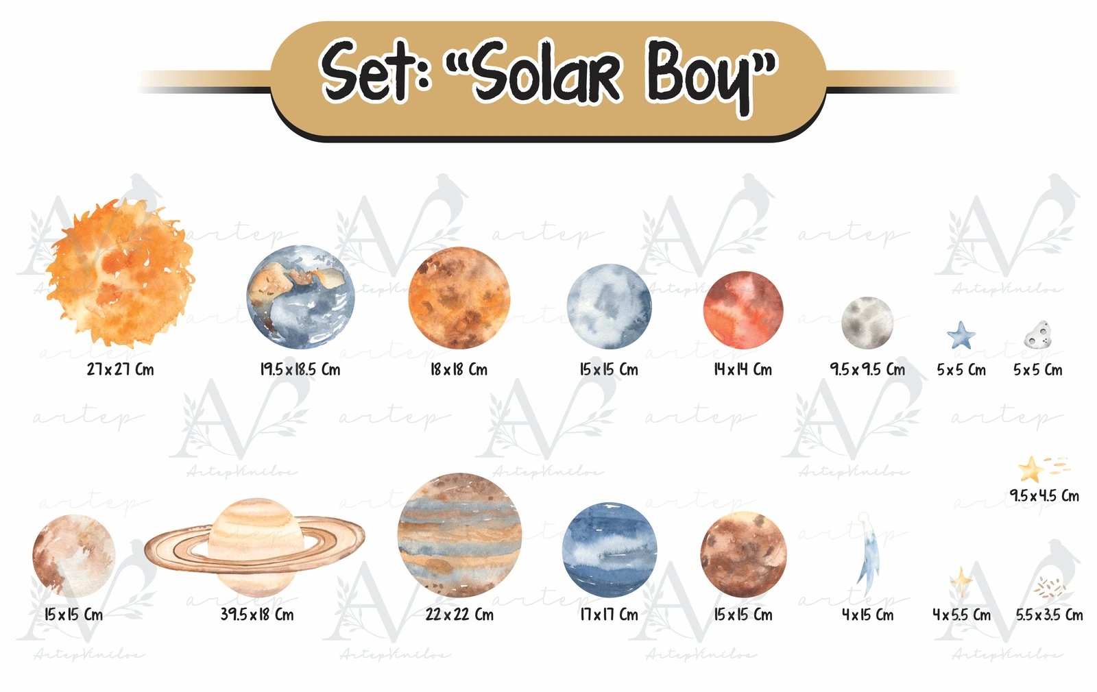 Tamaño de los elementos del set Solar Boy