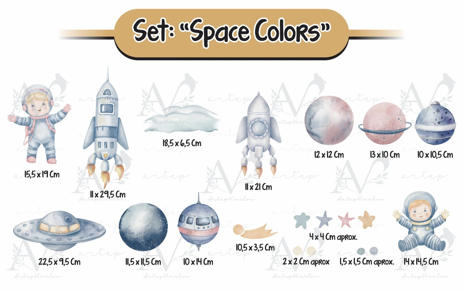 Tamaño de los elementos del set Space Colors
