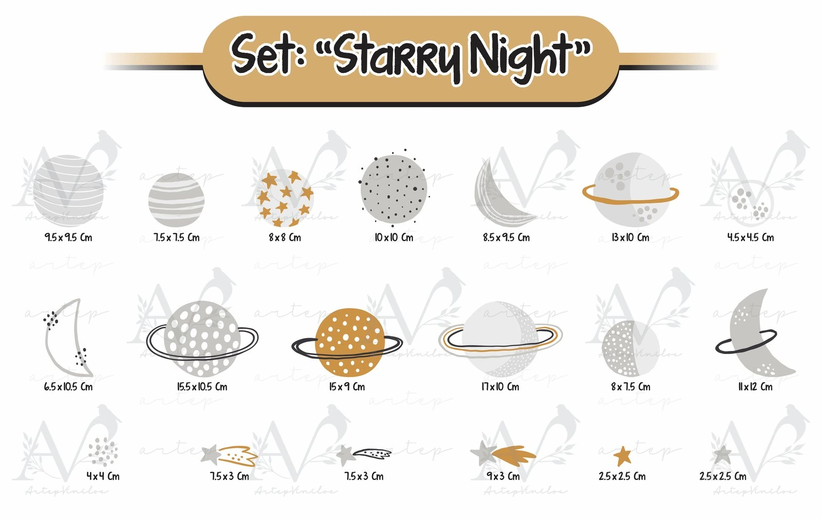 Tamaño de los elementos del set Starry Night
