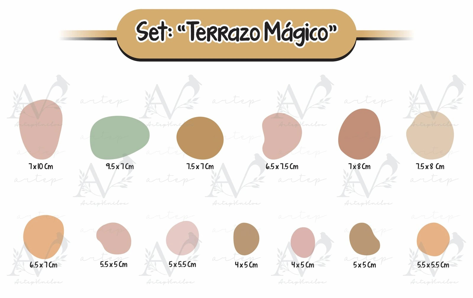 Tamaño de los elementos del set Terrazo Mágico
