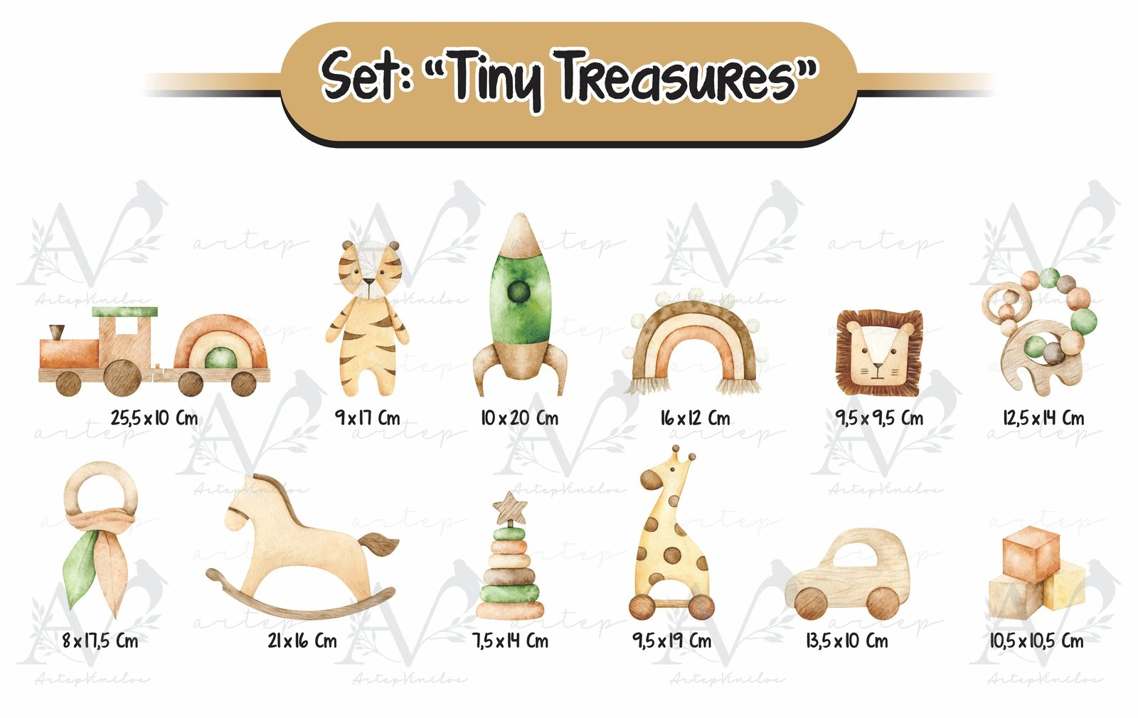 Tamaño de los elementos del set Tiny Treasures