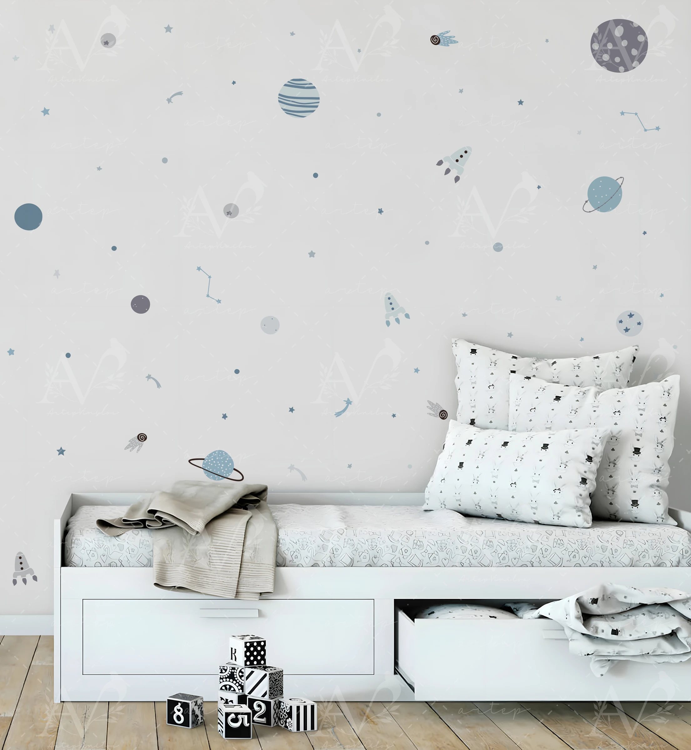 Habitación decorada con el set Pequeño Universo