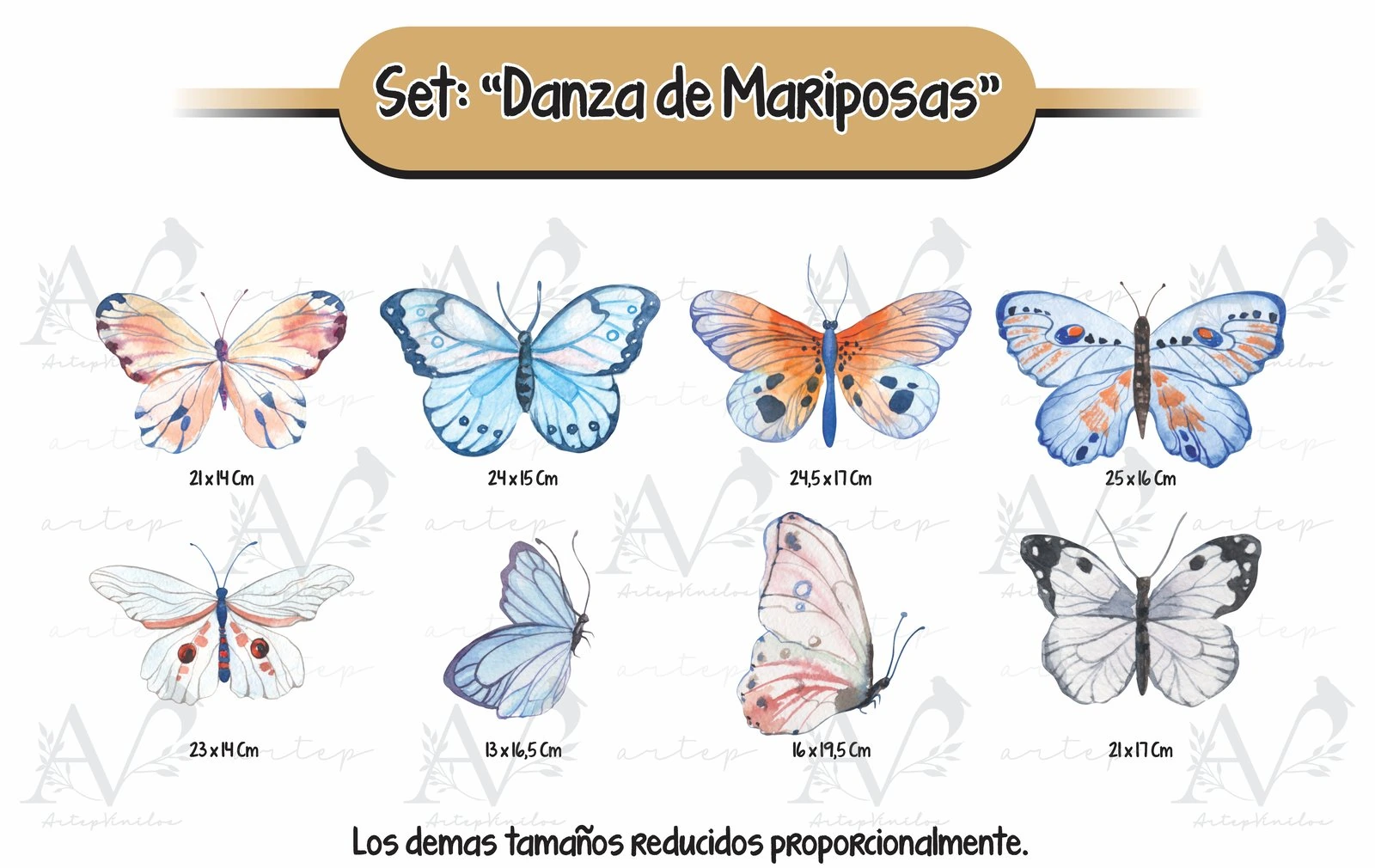 Tamaño de los elementos del set Danza de Mariposas