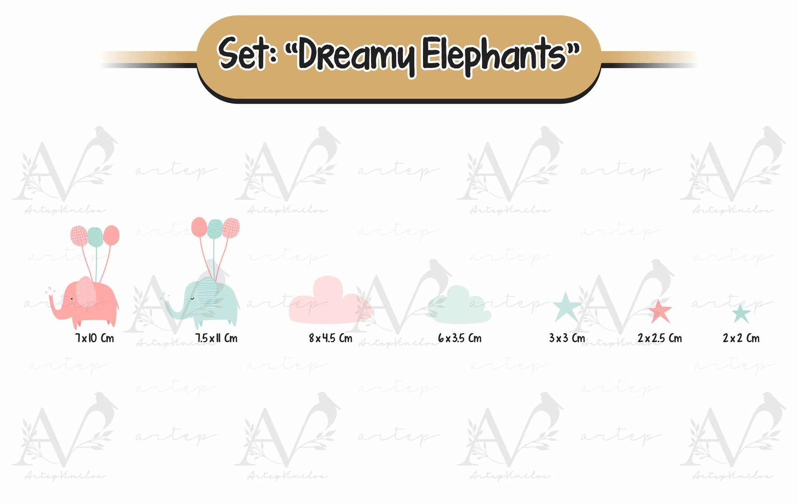 Tamaño de los elementos del set Dreamy Elephants