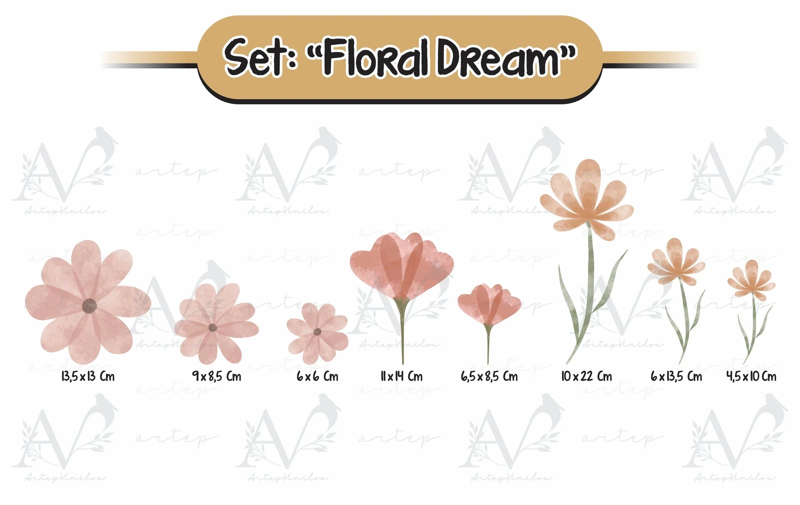 Tamaño de los elementos del set Floral Dream