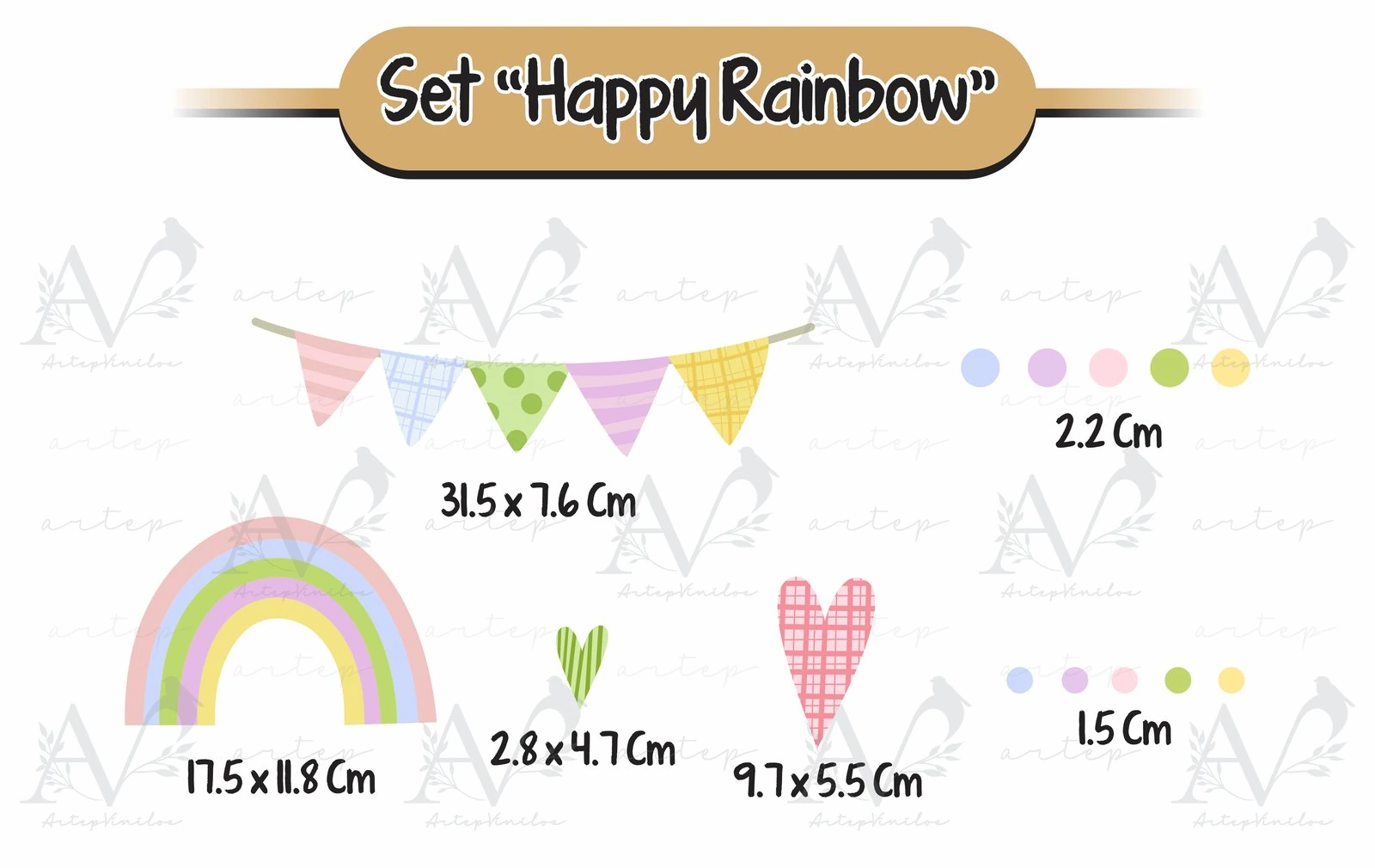 Tamaño de los elementos del set Happy Rainbow