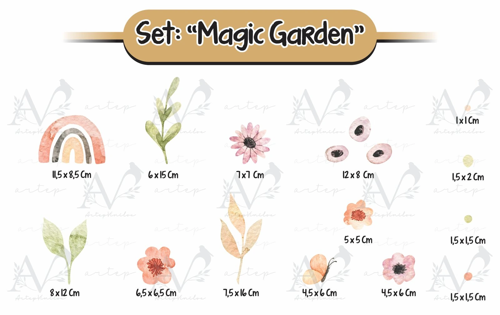 Tamaño de los elementos del set Magic Garden