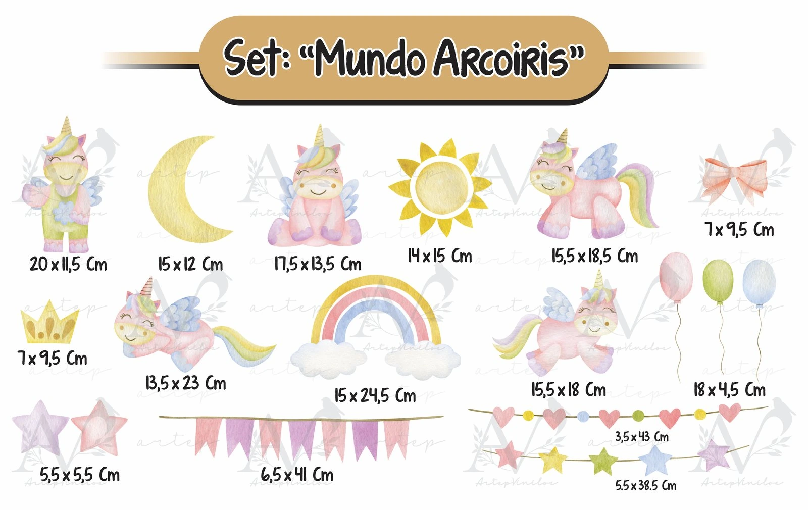Tamaño de los elementos del set Mundo Arcoíris