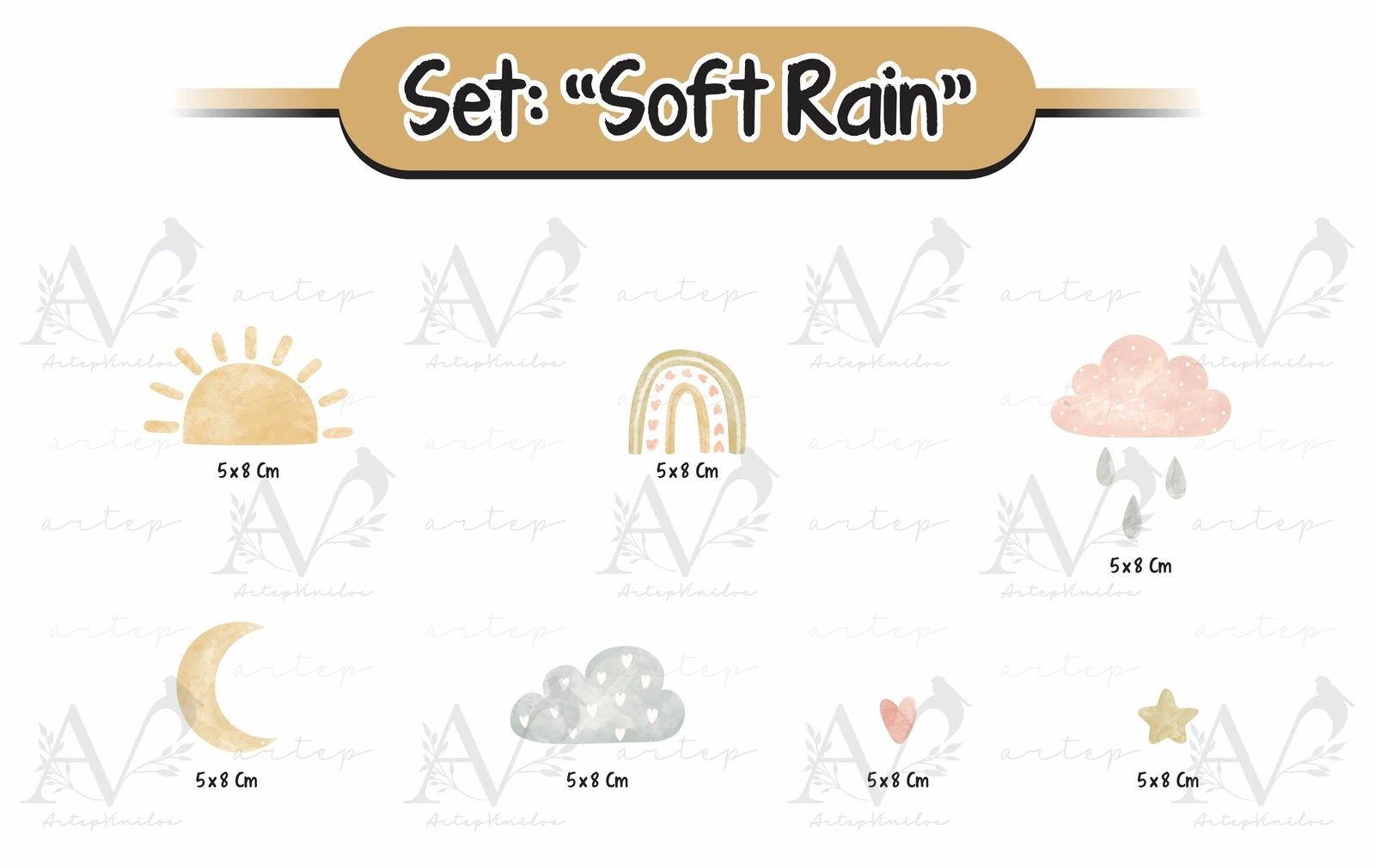 Tamaño de los elementos del set Soft Rain