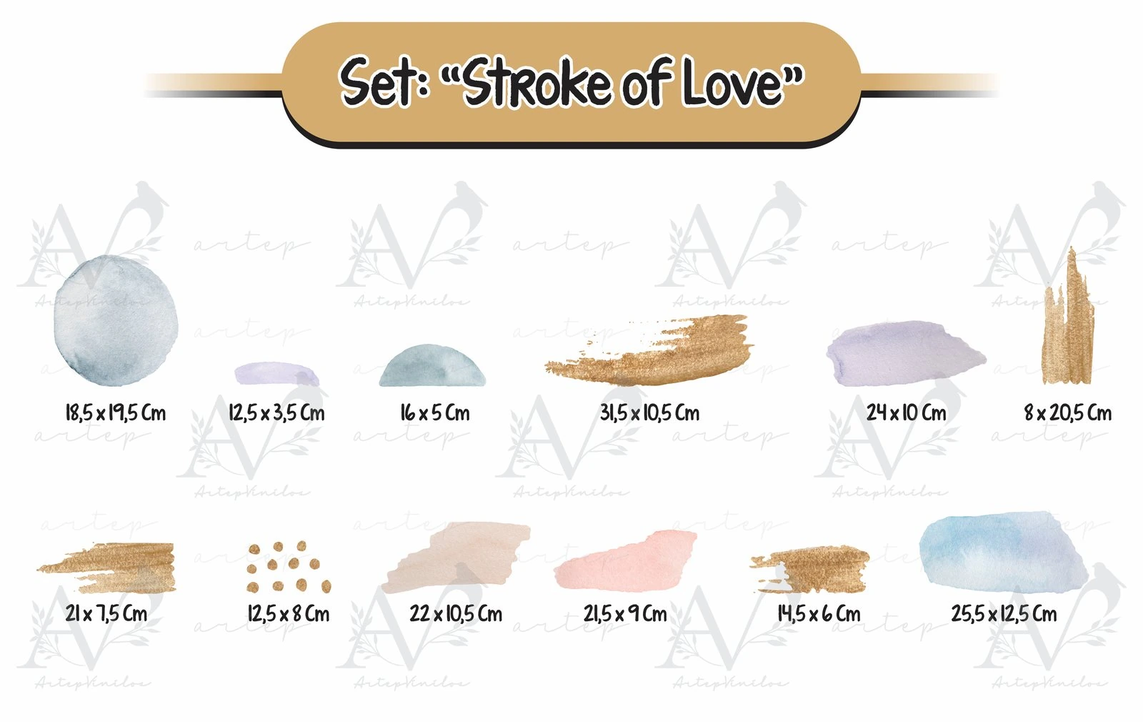 Tamaño de los elementos del set Stroke of Love