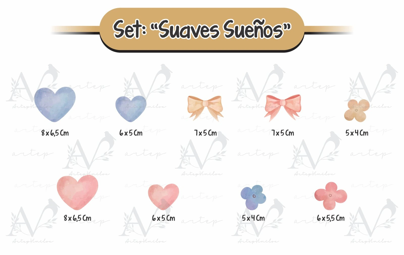 Tamaño de los elementos del set Suaves Sueños