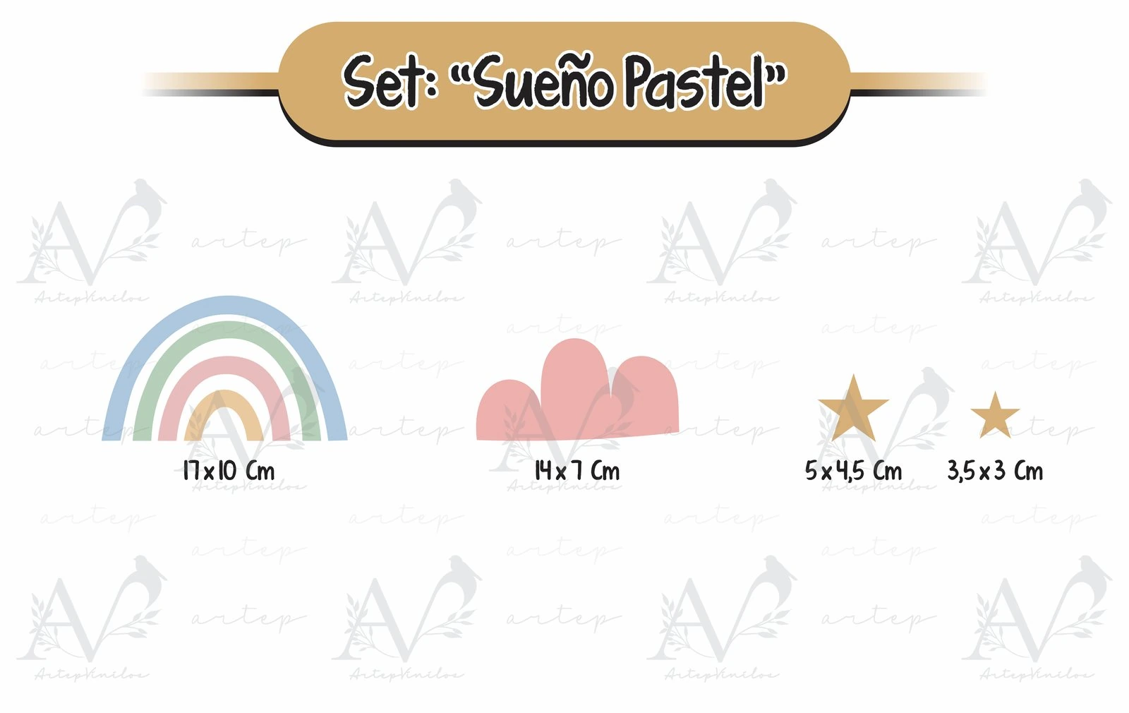 Tamaño de los elementos del set Sueño Pastel