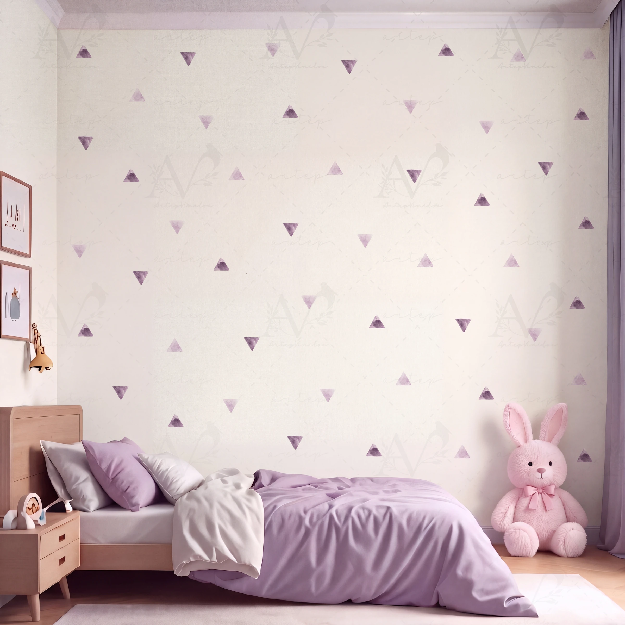 Habitación decorada con el set Triángulos Lavanda